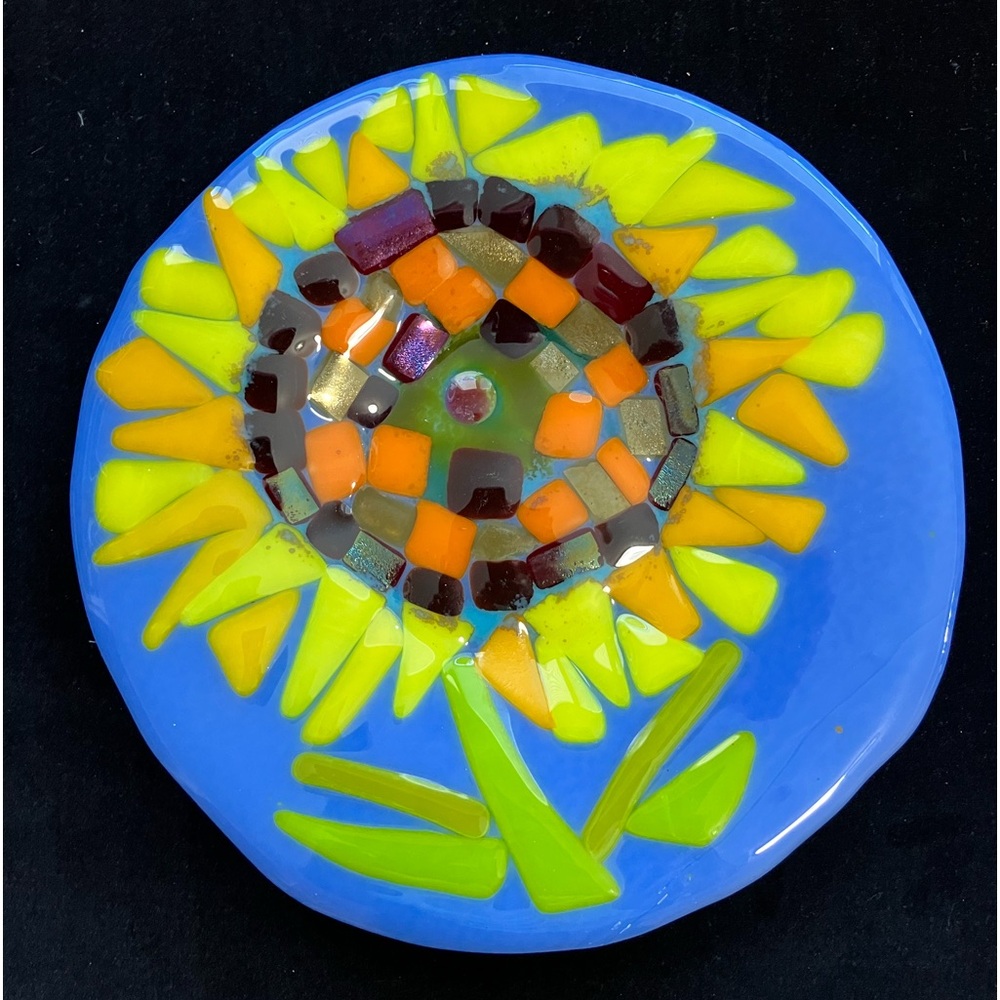Handmade Fused Glass Bowl 8” Sunflower on Periwinkle Original